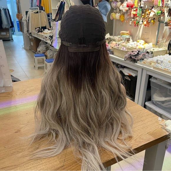 Human hair blend lace front ash blonde with dark roots wavy wig. main image 4